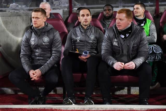 The Celtic bench ahead of the Ladbrokes Premiership match with Hearts at Tynecastle. Picture: SNS Group