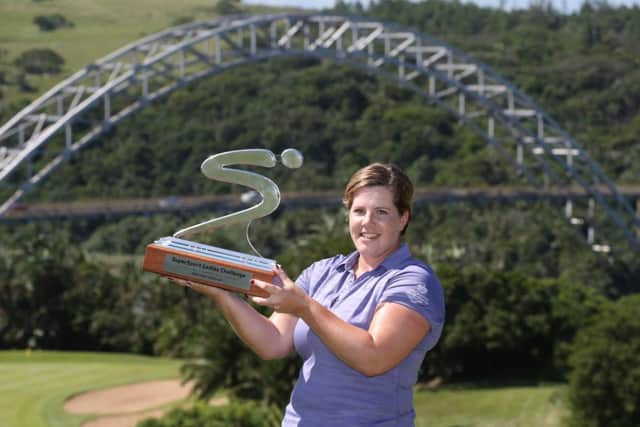 Dalmahoys Jane Turner shows off the SuperSport Ladies Challenge trophy after her four-shot victory at Wild Coast Country Club. Picture: www.sunshineladiestour.com