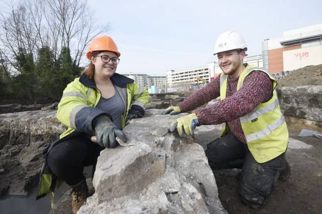 Pic - Greg Macvean -
Cala Homes development on Ocean Drive across from Ocean Terminal where archaeological excavation of the Old West (Queen's) Dock are revealing part of the port's Napoleonic defences - Archaeologists from EOC Lucy Shinkfield and Harry Francis