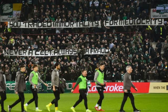 The Celtic fans displayed a banner during the 2-1 win over Hearts on Wednesday. Picture: SNS