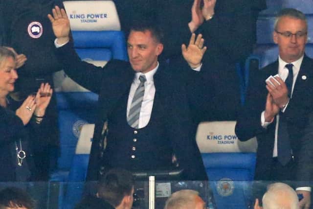 Brendan Rodgers waves to the Leicester fans at the King Power Stadium. Picture: Lindsey Parnaby/AFP/Getty
