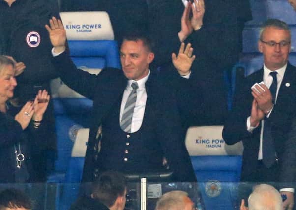 Brendan Rodgers waves to the Leicester fans at the King Power Stadium. Picture: Lindsey Parnaby/AFP/Getty