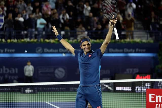 Roger Federer celebrates after winning the final match at the ATP Dubai Tennis Championship. Pic: Karim Sahib/AFPGetty Images