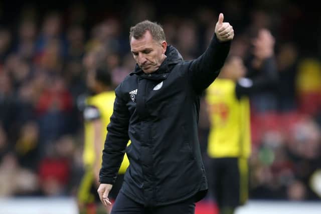 Leicester City manager Brendan Rodgers gives the away crowd the thumbs up after the Foxes are beaten by Watford. Picture: PA