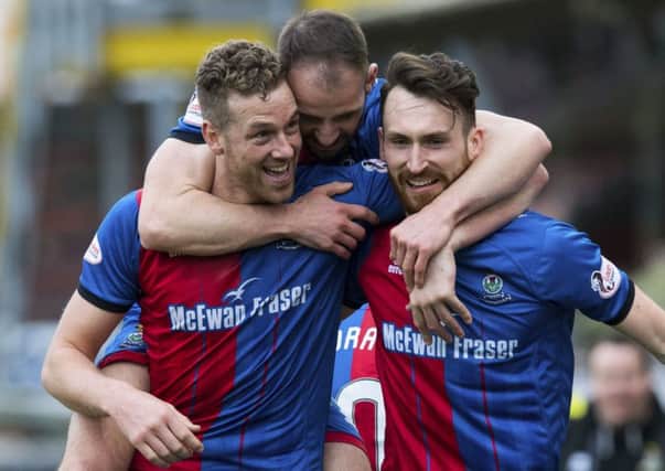 Joe Chalmers (right) celebrates his opening goal for Inverness with Sean Welsh (centre) and Jordan White. Picture: SNS