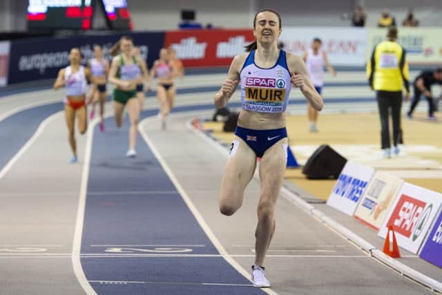 Laura Muir crosses the line to win the 1500m title in Glasgow last night. Picture: SNS.