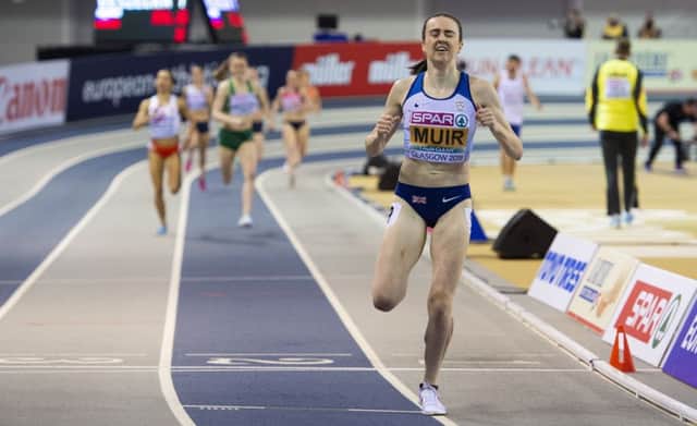 Laura Muir crosses the line to win the 1500m title in Glasgow last night. Picture: SNS.