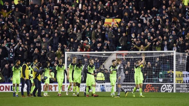 Celtic's players applaud the away fans after their 2-0 win at Easter Road. Picture: SNS