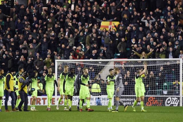 Celtic's players applaud the away fans after their 2-0 win at Easter Road. Picture: SNS