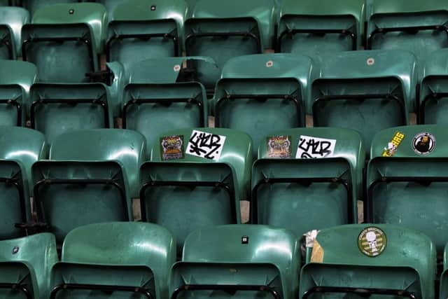 Broken seats in the away end at Easter Road. Picture: SNS
