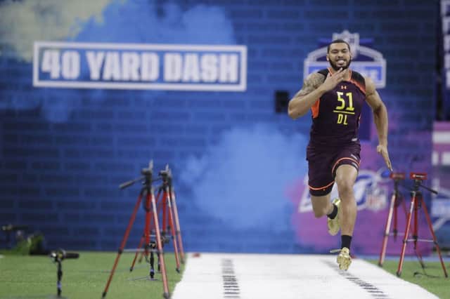 Mississippi State defensive lineman Montez Sweat runs the 40-yard dash during the NFL scouting combine. Picture: Darron Cummings/AP