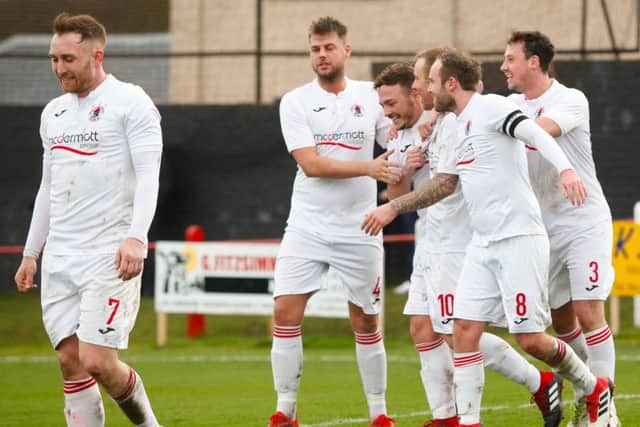 SFA South Region Challenge Cup Quarter Final, New Dundas Park. Bonnyrigg Rose V East Stirlingshire 02/03/19 Rose go 2-0 up as Andy Rodgers of Shire puts the ball into his own net