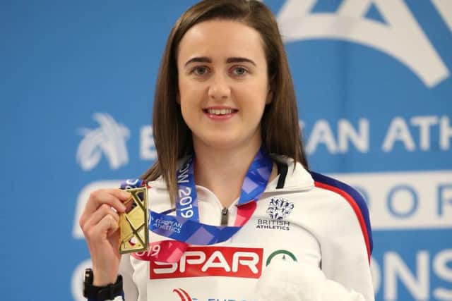 Laura Muir poses with her gold medal after winning the 3,000 metres at the European Indoor Championships in Glasgow. She added 1,500m gold a couple of days later. Jane Barlow/PA Wire