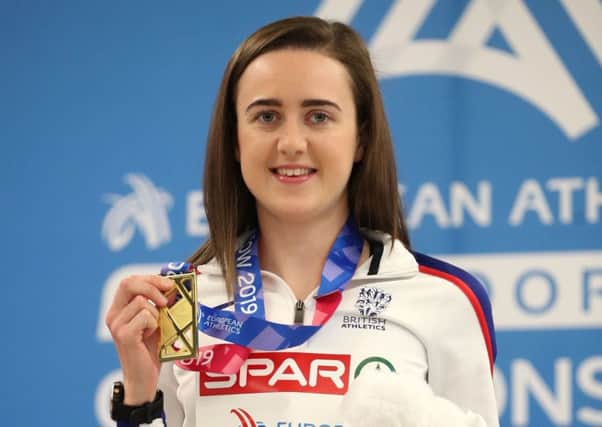 Laura Muir poses with her gold medal after winning the 3,000 metres at the European Indoor Championships in Glasgow. She added 1,500m gold a couple of days later. Jane Barlow/PA Wire