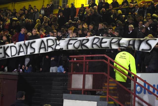 04/03/19 WILLIAM HILL SCOTTISH CUP
QUARTER FINAL
PARTICK THISTLE v HEARTS (1-1)
FIRHILL - GLASGOW
A banner in the Hearts' end