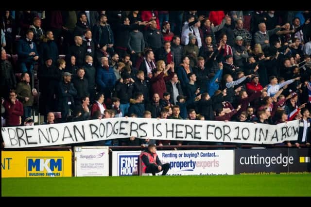 Hearts fans poke fun at Celtic supporters after Brendan Rodgers' departure from the club.