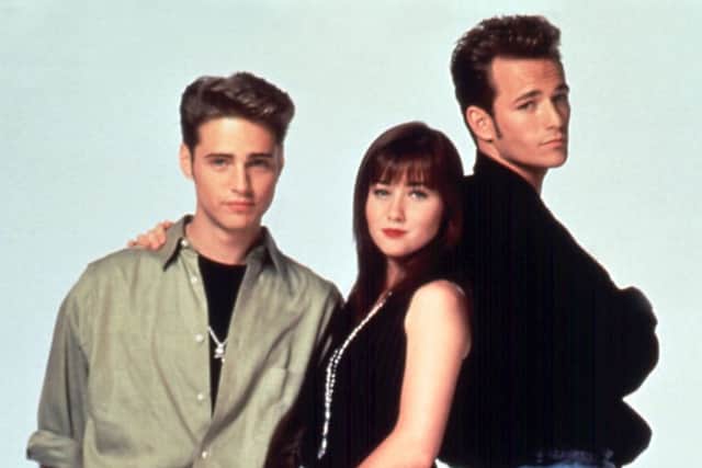 Luke Perry with Beverley Hills, 90210 co-stars Jason Priestley and  Shannen Doherty. Picture: Moviestore/REX/Shutterstock