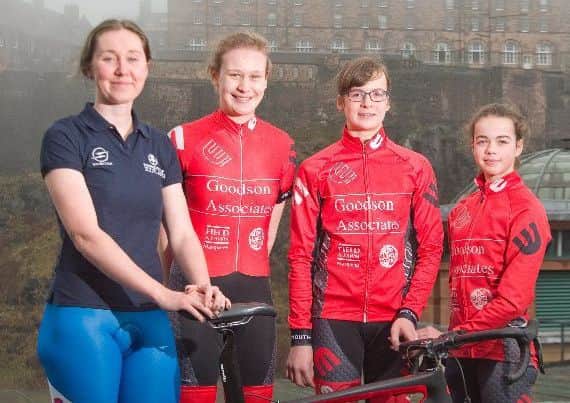 Katie Archibald with
Katie Galloway, Kirsty Johnson
and Rudie Shearer from Edinburgh RC Goodson race team at the tour launch in Edinburgh.