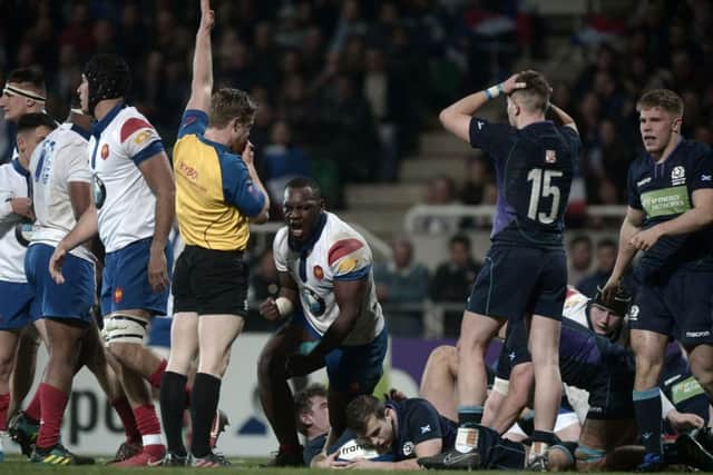 France No 8 Jordan Joseph reacts after scoring against Scotland. Picture: Iroz Gaizka/AFP/Getty