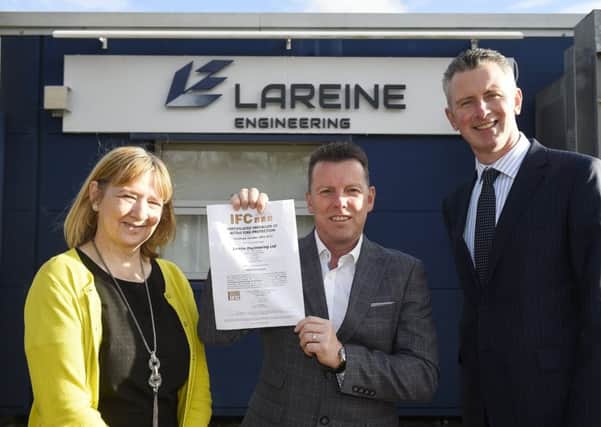 From left: Executive councillor for development and transport Cathy Muldoon, director of Lareine Engineering Tom Bates, and Business Gateway West Lothian manager Jim Henderson. Picture: Greg Macvean