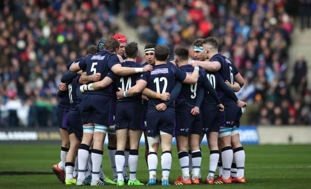 Scotland team huddle prior to the Guinness Six Nations match at BT Murrayfield. Picture: PA