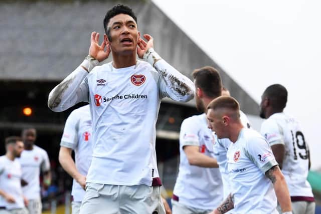 Sean Clare celebrates after scoring to make it 1-0 Hearts. Picture: SNS