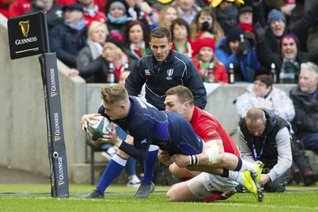 Scotland's Darcy Graham breaks through to score a try at BT Murrayfield. Picture: Bill Murray/SNS/SRU