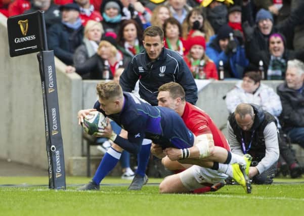 Scotland's Darcy Graham breaks through to score a try at BT Murrayfield. Picture: Bill Murray/SNS/SRU