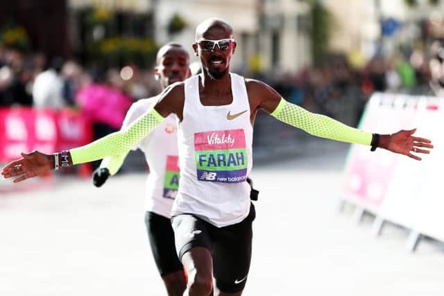 Sir Mo Farah celebrates winning the mens Vitality Big Half in London for the second year in a row. Picture: Getty.