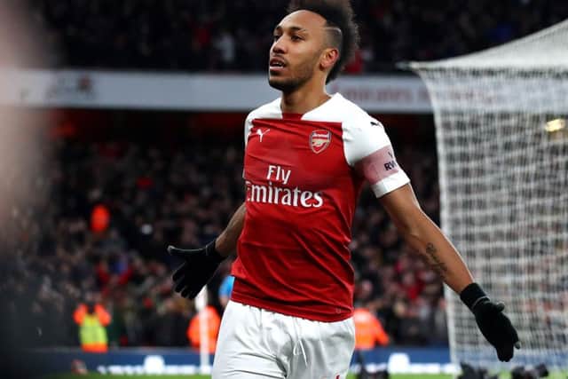 Patrick Aubameyang celebrates after scoring Arsenals second goal from the penalty spot. Picture: Getty.