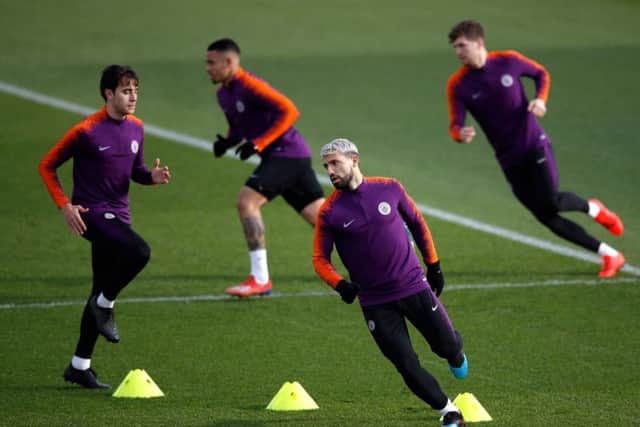 Manchester City train with Sergio Aguero, front, to the fore as they prepare to face Schalke 04. Picture: PA.