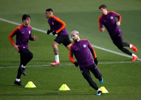 Manchester City train with Sergio Aguero, front, to the fore as they prepare to face Schalke 04. Picture: PA.