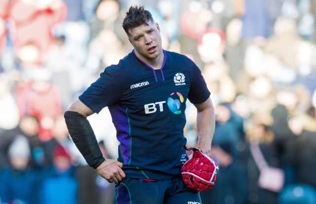 Scotland lock Grant Gilchrist shows his frustration after the 18-11 defeat by Wales at BT Murrayfield. Picture: Ross Parker/SNS