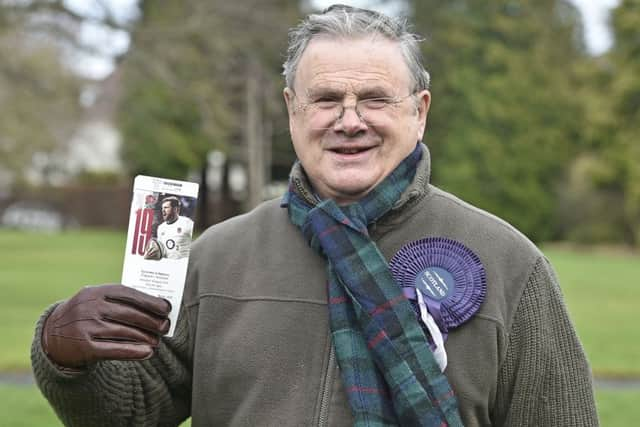 Peter Murray with his ticket for Twickenham, where he hopes Scotland can emulate the heroics of the teams of, from the top, 1971, 1983 and 1989