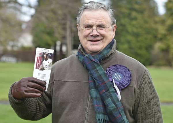 Peter Murray with his ticket for Twickenham, where he hopes Scotland can emulate the heroics of the teams of, from the top, 1971, 1983 and 1989
