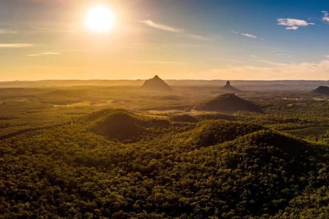 A panoramic aerial view of the Glass House Mountains.