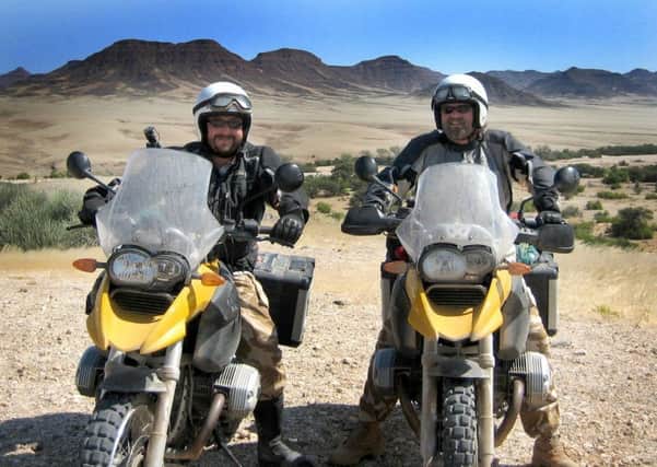 The Hairy Bikers - (L- R): Dave Myers & Simon King in Namibia. Picture: BBC TWO.