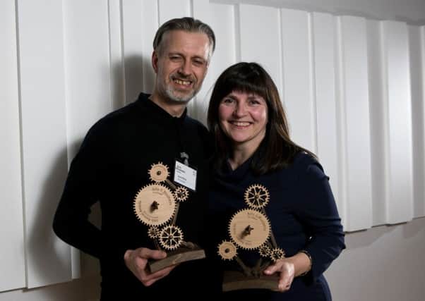 David White, Director of IFS Worldwide and Deirdre MacKenna, Director of Cultural Documents with their awards for most innovative international collaboration at the 2016 Arts & Business Scotland awards © Arts and Business Scotland.