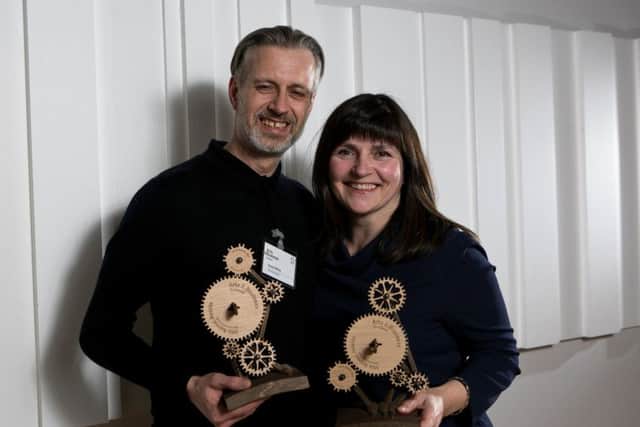 David White, Director of IFS Worldwide and Deirdre MacKenna, Director of Cultural Documents with their awards for most innovative international collaboration at the 2016 Arts & Business Scotland awards © Arts and Business Scotland.