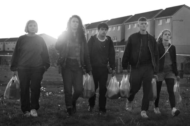Jackson (far left) as Wendy in the Scottish rave scene film Beats, which closed Glasgow Film Festival to top reviews.