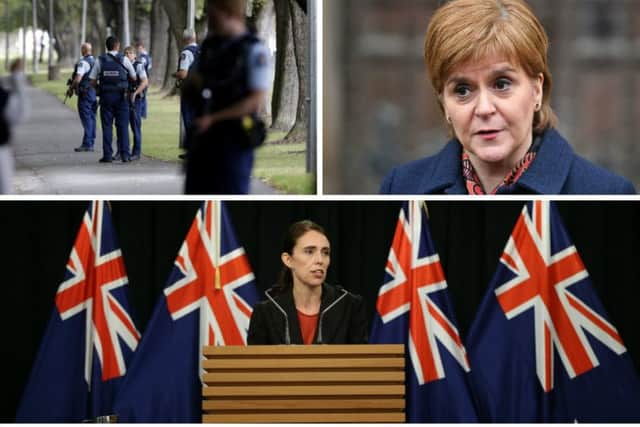 Nicola Sturgeon (top right) has shown solidarity with New Zealand's PM Jacina Adern (bottom). Pictures: AP/Getty