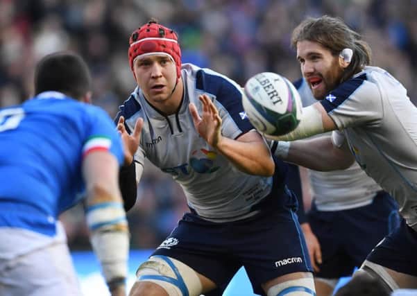 Scotland forwards 
Grant Gilchrist, left, and Ben Toolis in action against Italy. Picture: Gary Hutchison/SNS/SRU