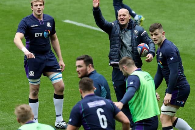 Head coach Gregor Townsend issues instructions during Scotland's captains run at Twickenham. Picture: David Rogers/Getty Images