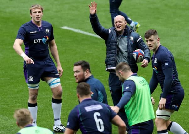 Head coach Gregor Townsend issues instructions during Scotland's captains run at Twickenham. Picture: David Rogers/Getty Images