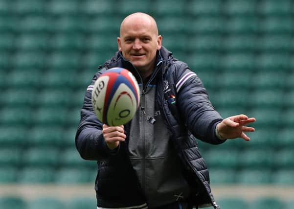 Scotland coach Gregor Townsend spins out a pass during the captains run at Twickenham. Picture: David Rogers/Getty