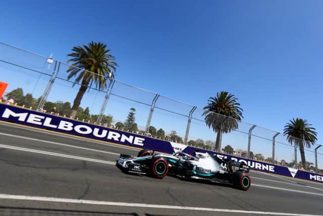 Lewis Hamilton drives his Mercedes in practice for the Australian GP under blue skies in Melbourne. Picture: Mark Thompson/Getty Images