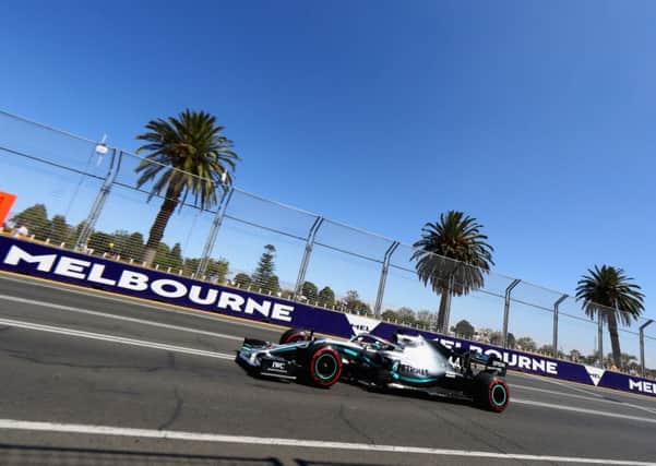 Lewis Hamilton drives his Mercedes in practice for the Australian GP under blue skies in Melbourne. Picture: Mark Thompson/Getty Images