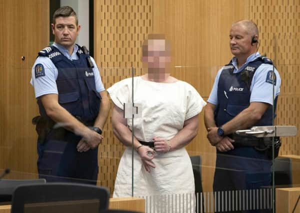 Brenton Tarrant during his appearance in the Christchurch District Court yesterday. Picture: Mark Mitchell/Getty