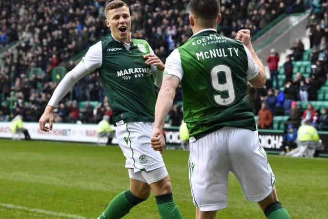 Marc McNulty celebrates his goal with Florian Kamberi. Picture: SNS Group
