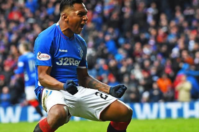 Alfredo Morelos celebrates after grabbing the equaliser. Picture: SNS Group